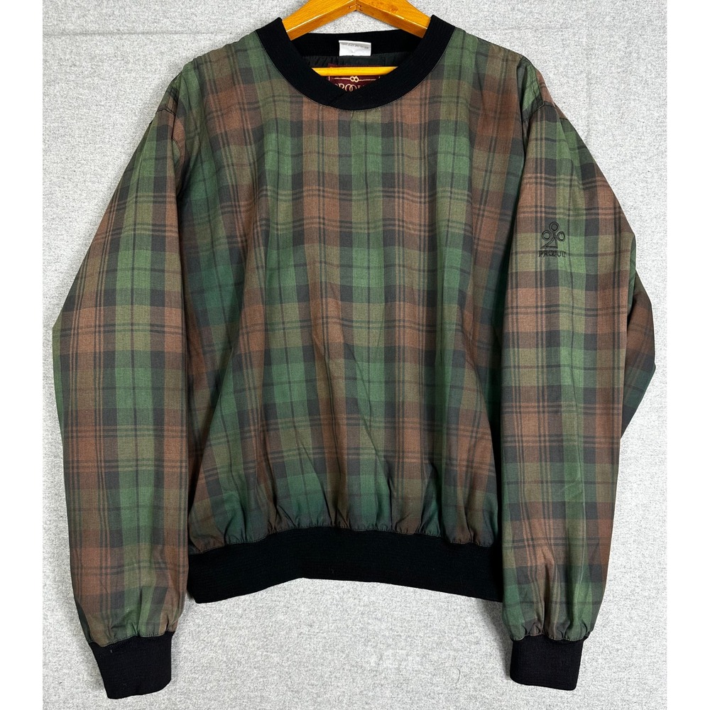 ProQuip Golf Windshirt Jacket Mens XL Green Brown Plaid Pullover Pockets